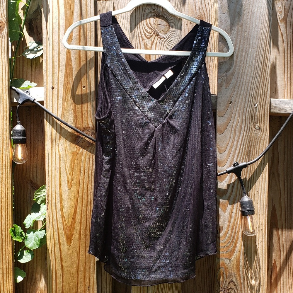 Silver Sequined Tank Top with Sheer Black Overlay